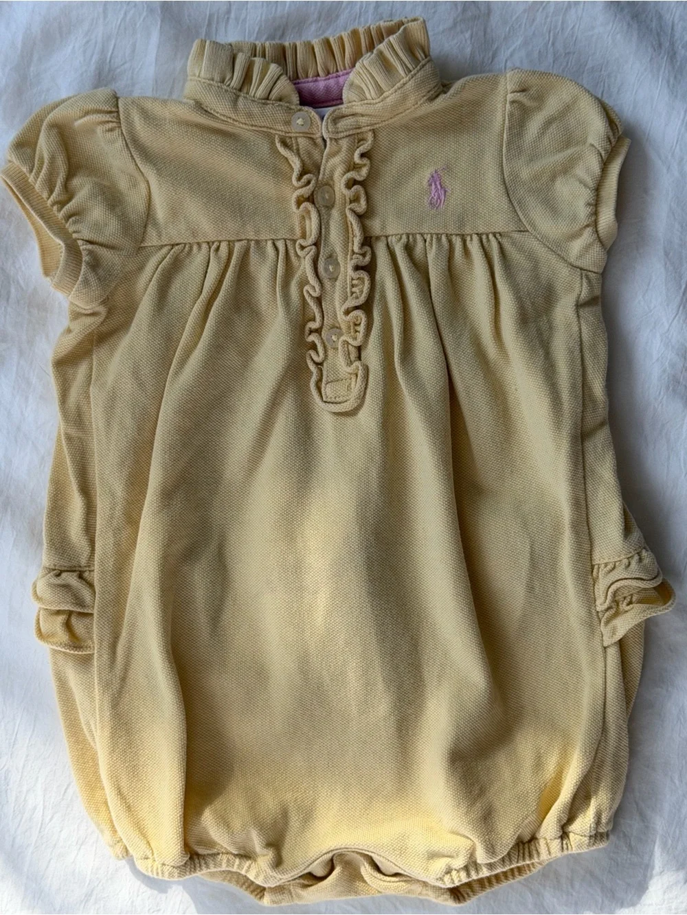 Ralph Lauren Baby 9M Yellow Ruffle Bubble Romper Pink Pony Cotton